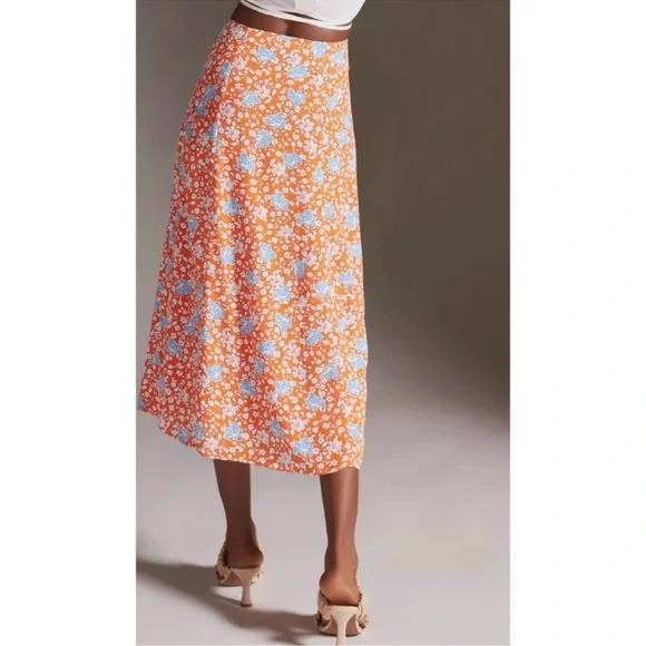 Anthropologie Maeve The Lille Side Slit Midi Skirt Size 6 Lined Orange Viscose - Picture 6 of 16